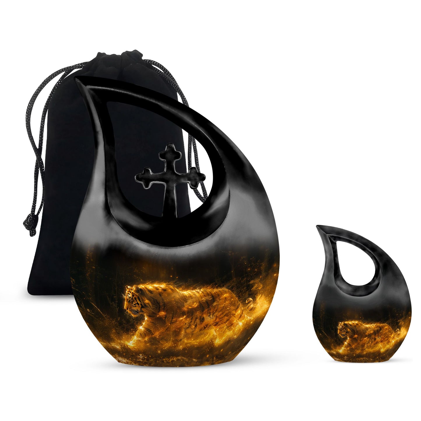 Tiger Urn for Ashes, Tiger Running Through Golden Fire on Black, Memorial Urn