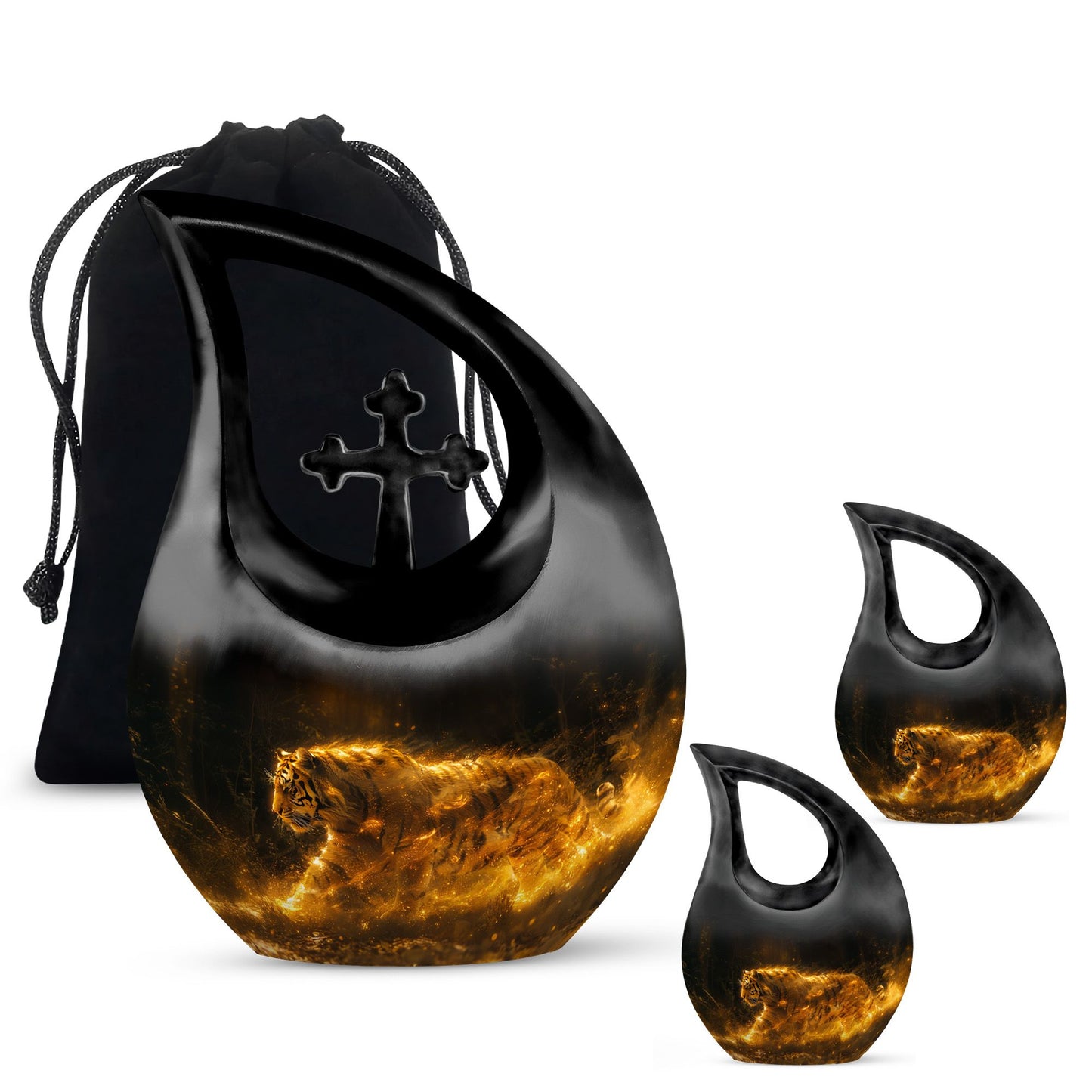 Tiger Urn for Ashes, Tiger Running Through Golden Fire on Black, Memorial Urn