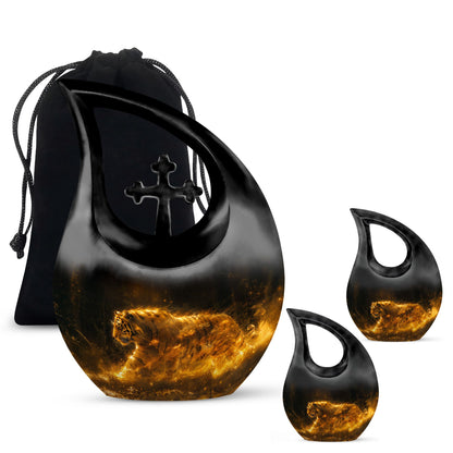 Tiger Urn for Ashes, Tiger Running Through Golden Fire on Black, Memorial Urn