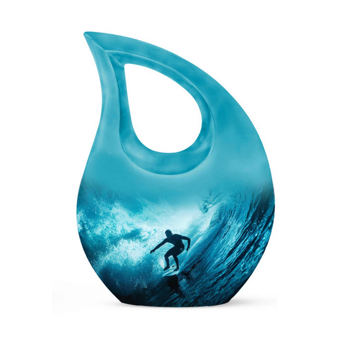 Surfing Urn for Human Ashes with Surfer Silhouette Turquoise Wave, Memorial Urn