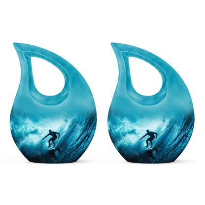 Surfing Urn for Human Ashes with Surfer Silhouette Turquoise Wave, Memorial Urn