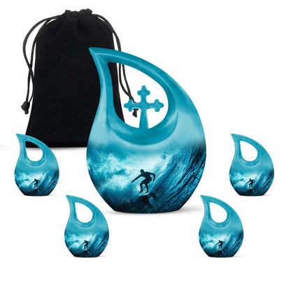 Surfing Urn for Human Ashes with Surfer Silhouette Turquoise Wave, Memorial Urn
