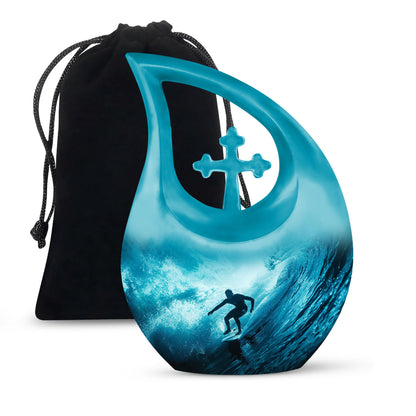 Surfing Urn for Human Ashes with Surfer Silhouette Turquoise Wave, Memorial Urn