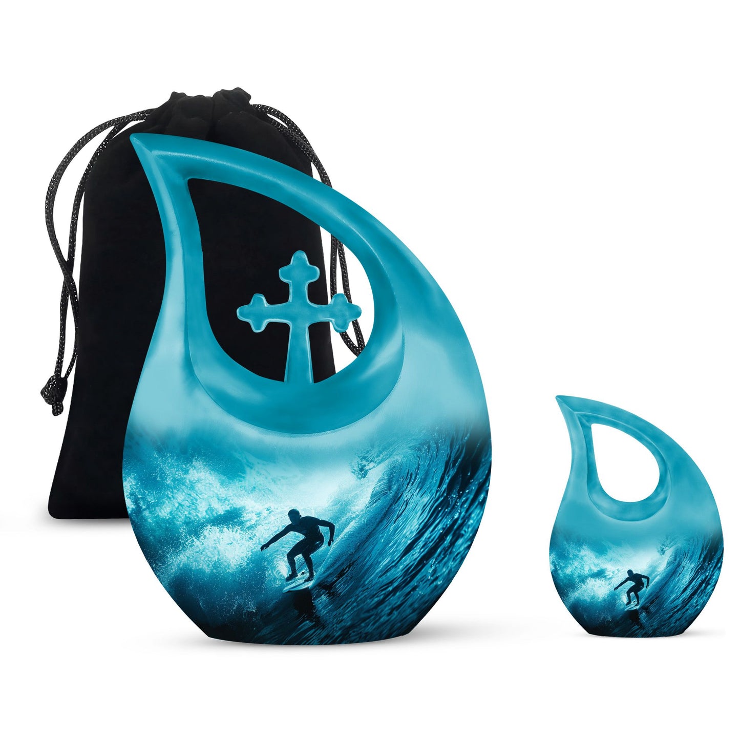 Surfing Urn for Human Ashes with Surfer Silhouette Turquoise Wave, Memorial Urn