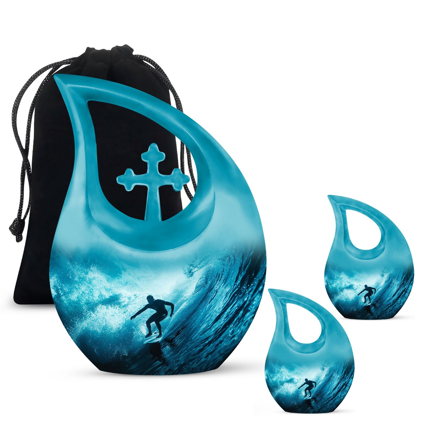 Surfing Urn for Human Ashes with Surfer Silhouette Turquoise Wave, Memorial Urn