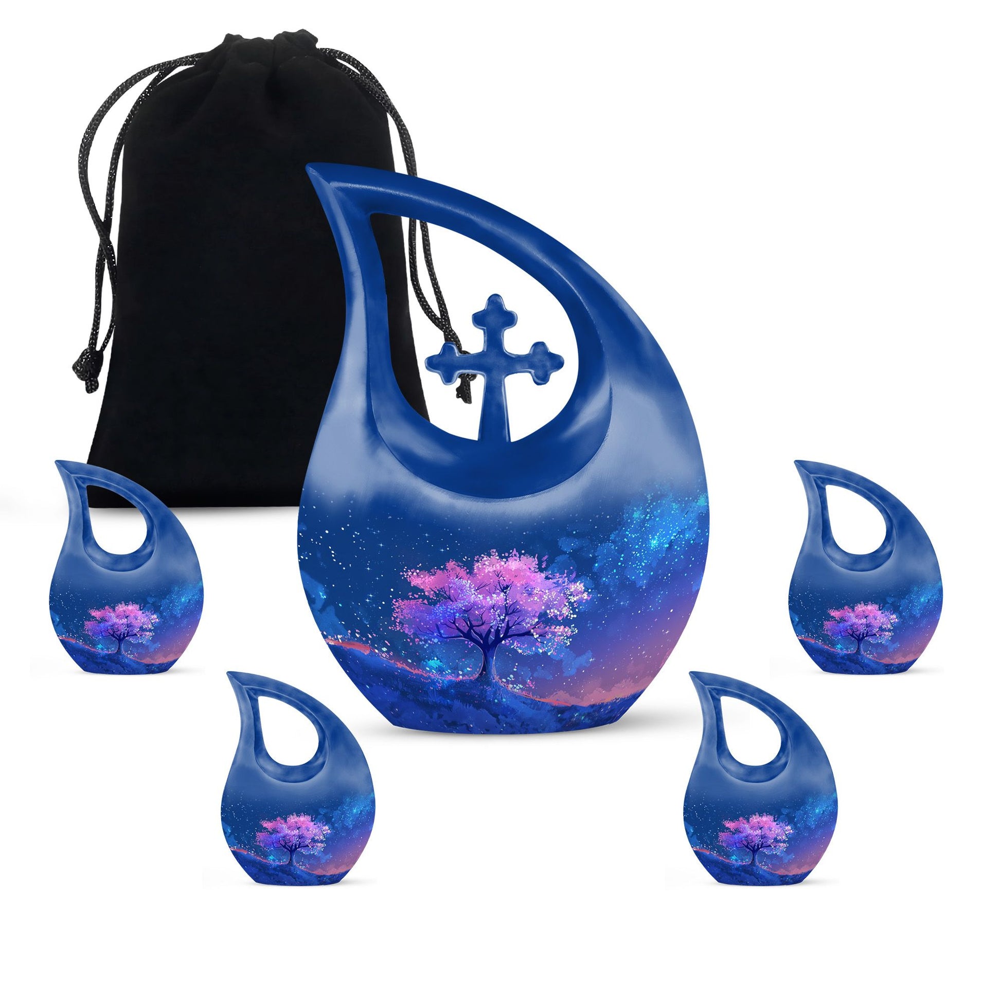 Blue Floral Tree Cremation Urn - Large Urns For Human Ashes