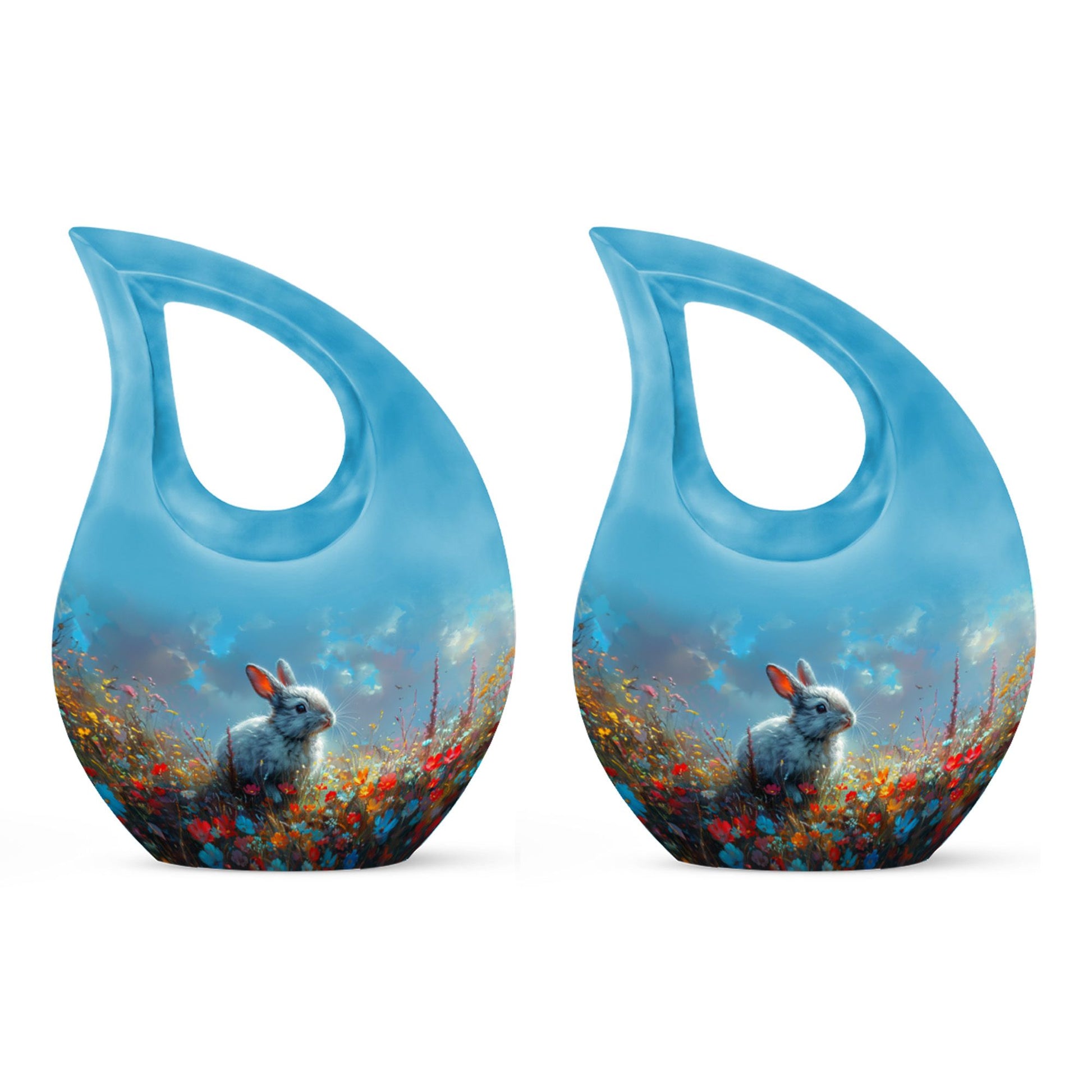 Colorful Flower Urn with White Bunny - Beautiful Pet Memorial Urn for Ashes