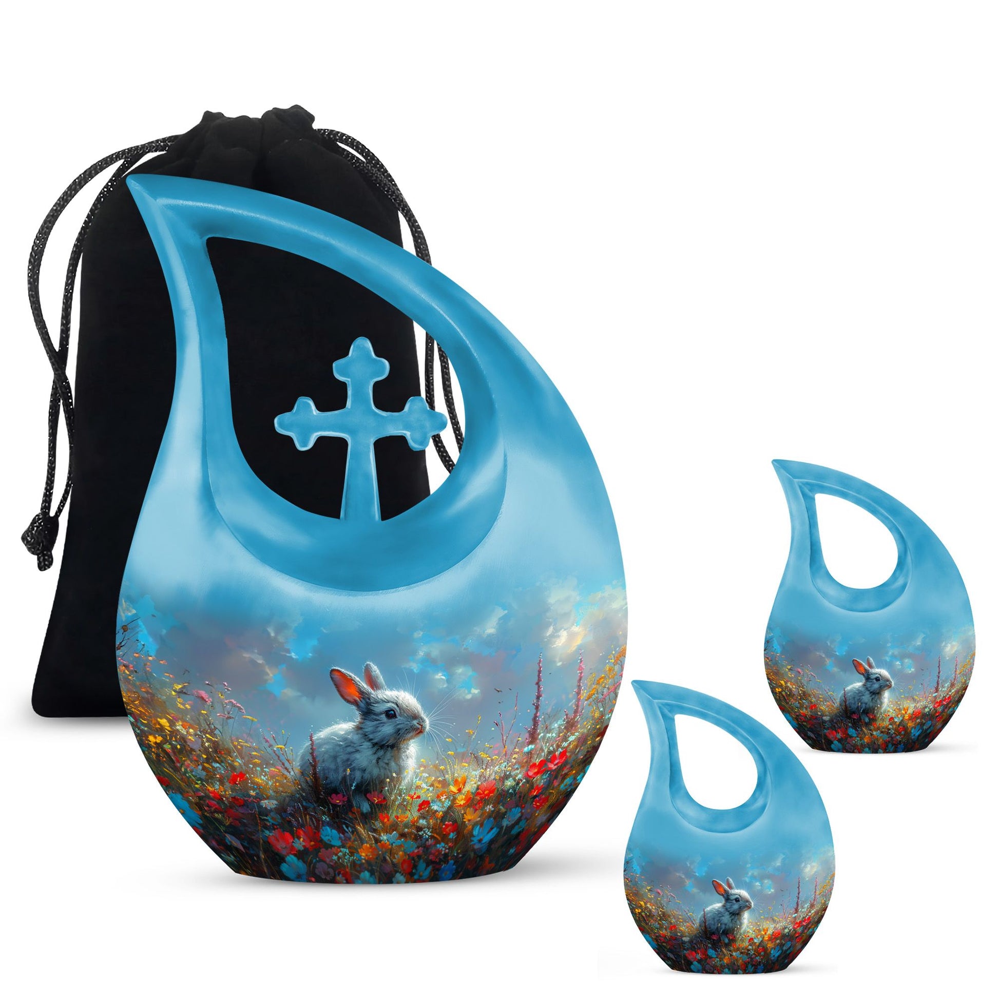 Colorful Flower Urn with White Bunny - Beautiful Pet Memorial Urn for Ashes