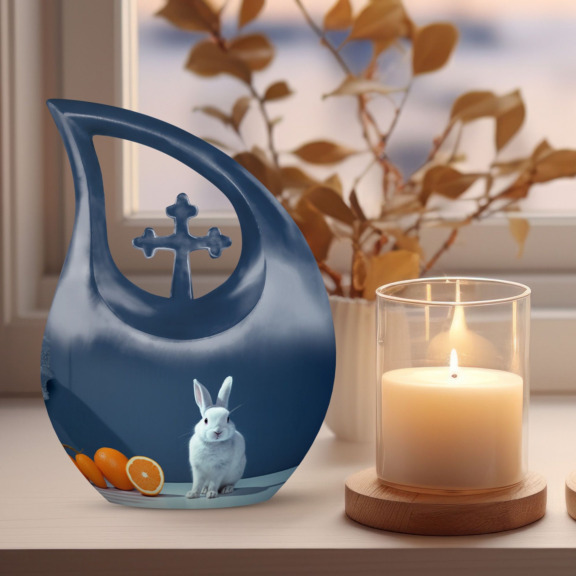 10-inch Citrus White Bunny Cross Drop memorial urn 