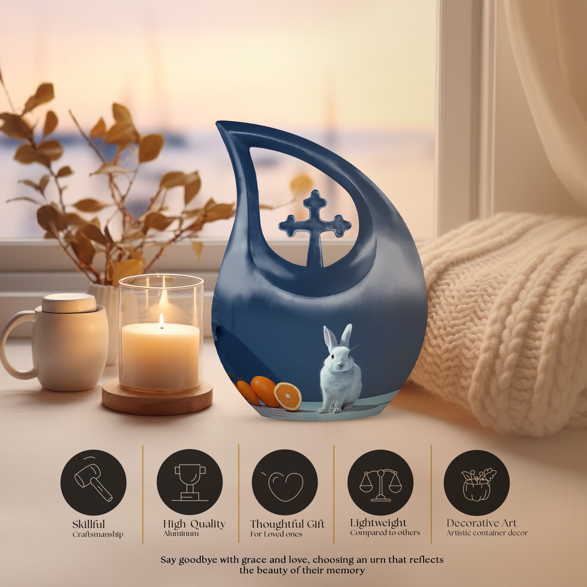 10-inch Citrus White Bunny Cross Drop memorial urn 