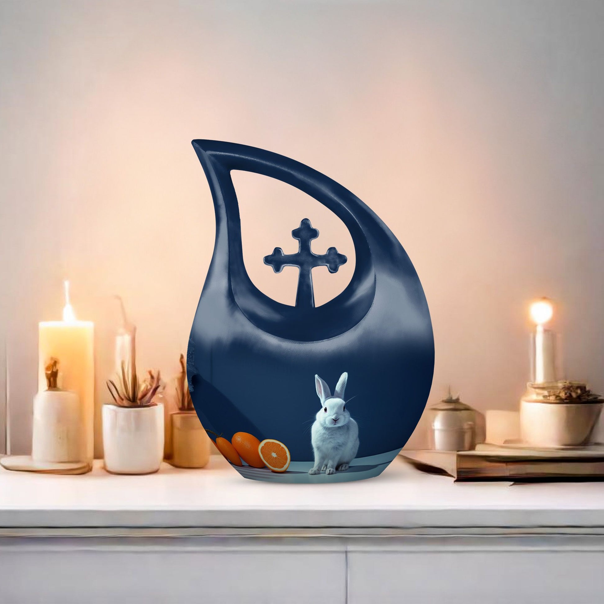 10-inch Citrus White Bunny Cross Drop memorial urn 