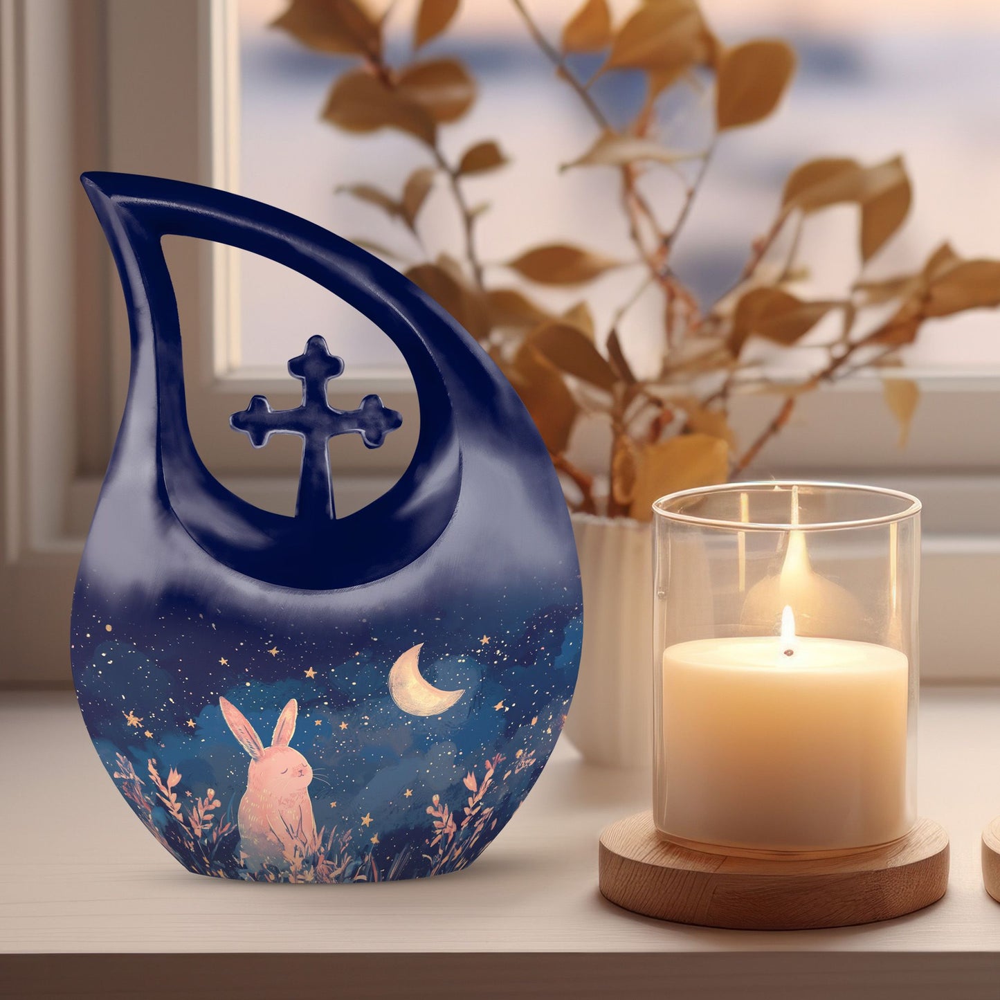 Starry Night Rabbit themed Cross Drop Large Urn