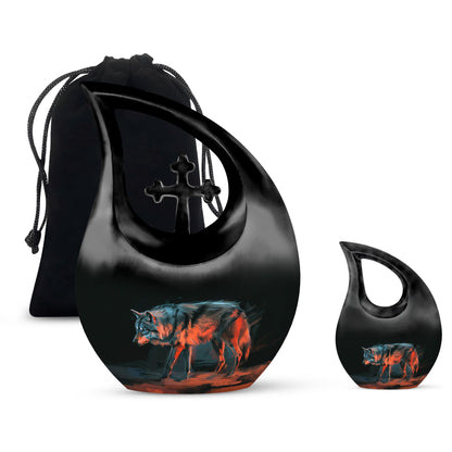 Black Personalized Wolf Cremation Urn for Human Ashes - 10-inch, 200 cu in - Yatskia