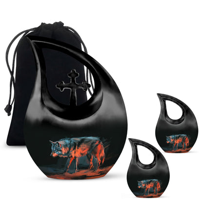 Black Personalized Wolf Cremation Urn for Human Ashes - 10-inch, 200 cu in - Yatskia
