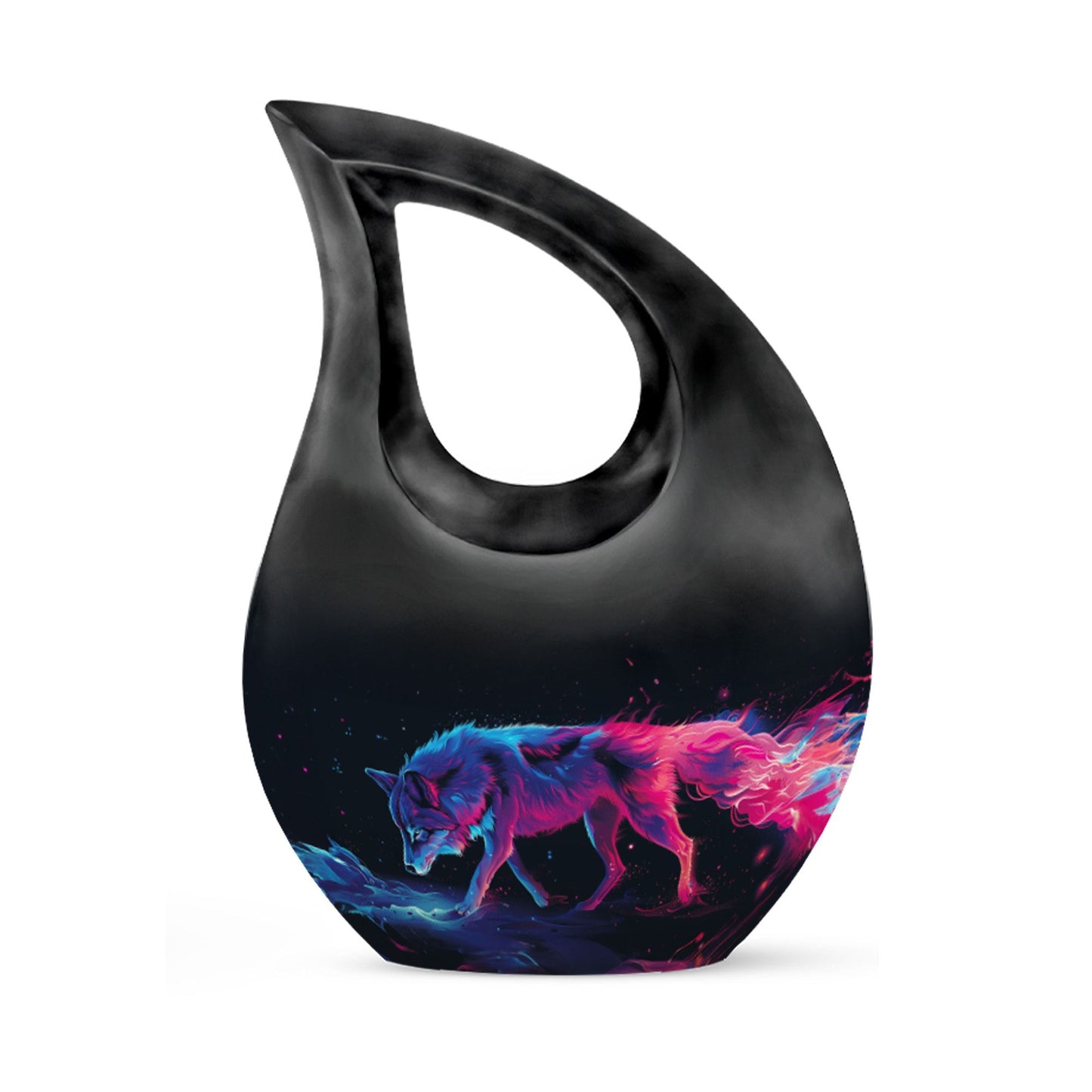 Wolf Urn for Human Ashes, Neon Pink Blue Prowling on Rocks, Cremation Urn