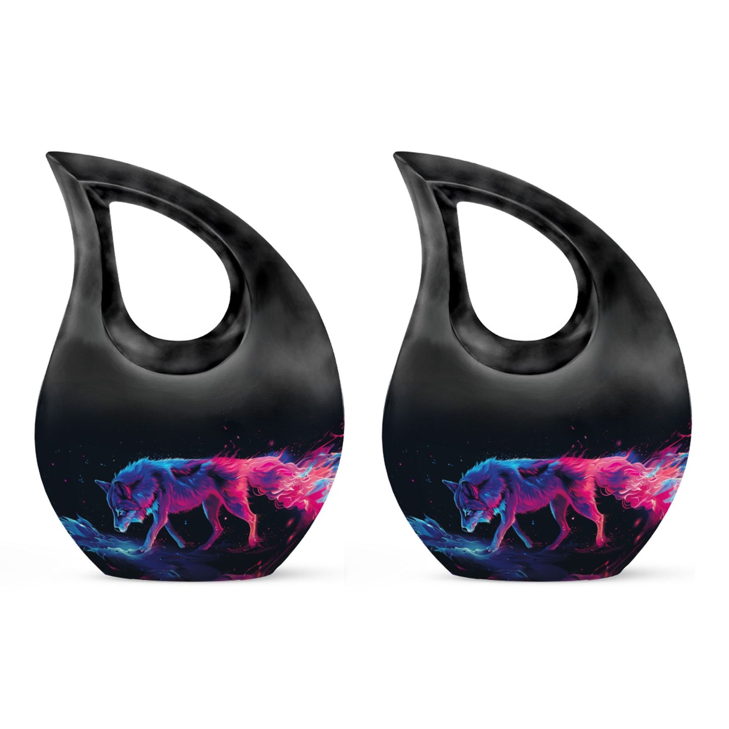 Wolf Urn for Human Ashes, Neon Pink Blue Prowling on Rocks, Cremation Urn