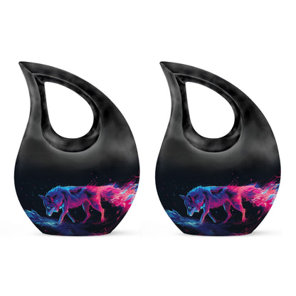 Wolf Urn for Human Ashes, Neon Pink Blue Prowling on Rocks, Cremation Urn