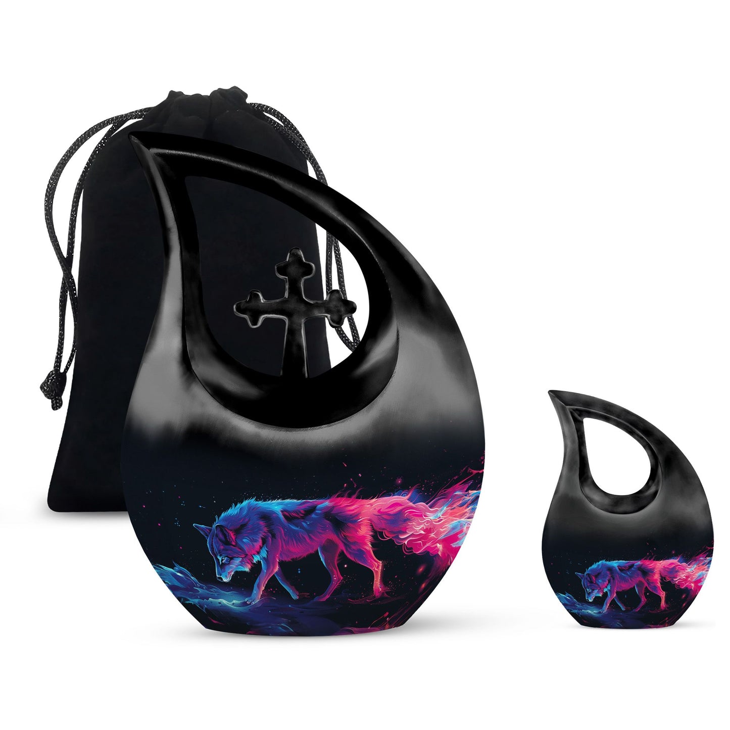 Wolf Urn for Human Ashes, Neon Pink Blue Prowling on Rocks, Cremation Urn