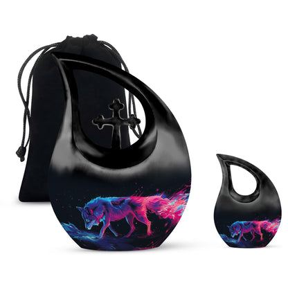 Wolf Urn for Human Ashes, Neon Pink Blue Prowling on Rocks, Cremation Urn