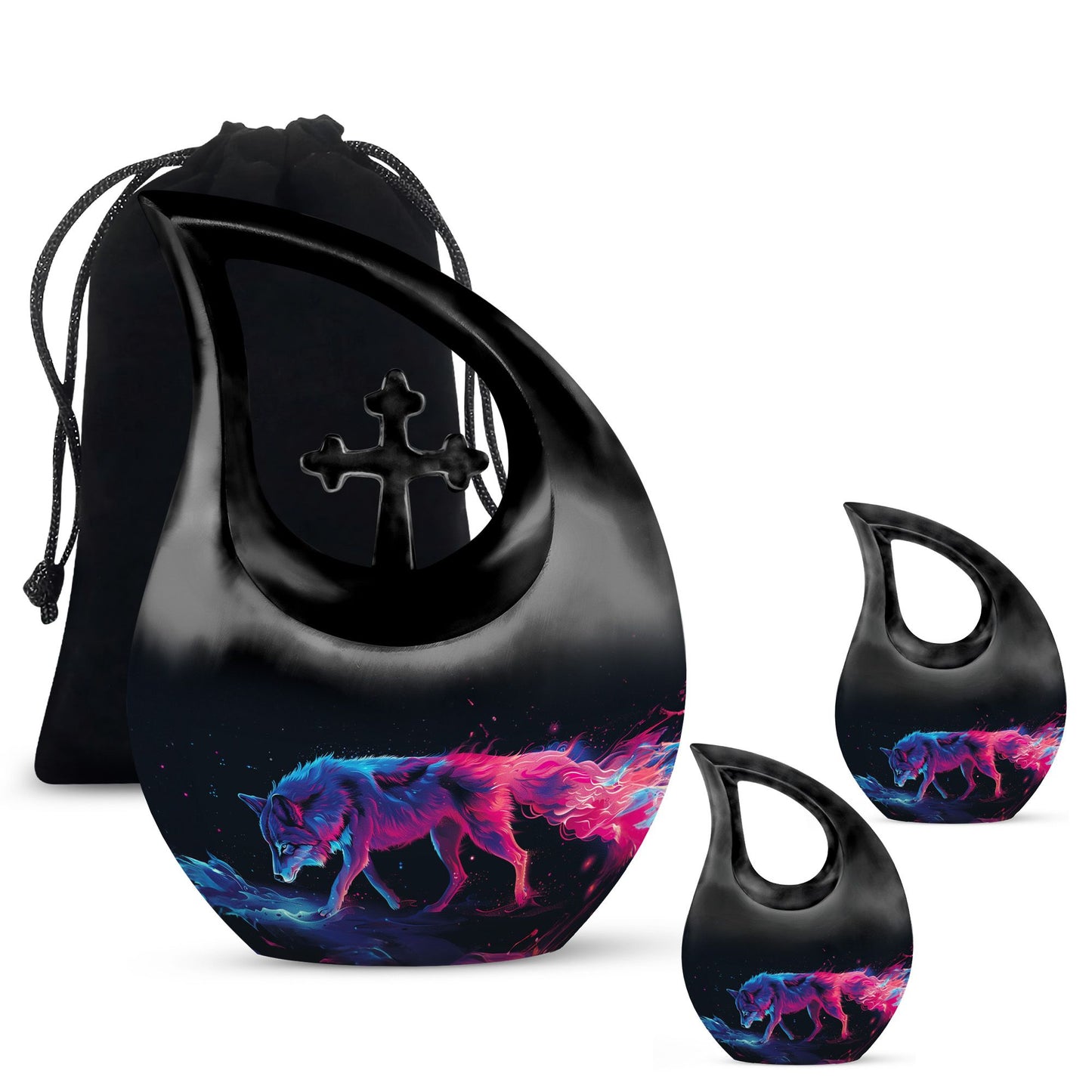 Wolf Urn for Human Ashes, Neon Pink Blue Prowling on Rocks, Cremation Urn