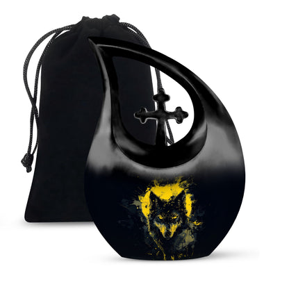 Black Personalized Wolf Cremation Urn for Human Ashes - 10-inch, 200 cu in - Yatskia