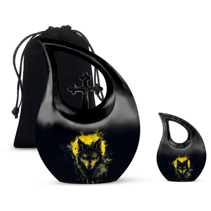 Black Personalized Wolf Cremation Urn for Human Ashes - 10-inch, 200 cu in - Yatskia