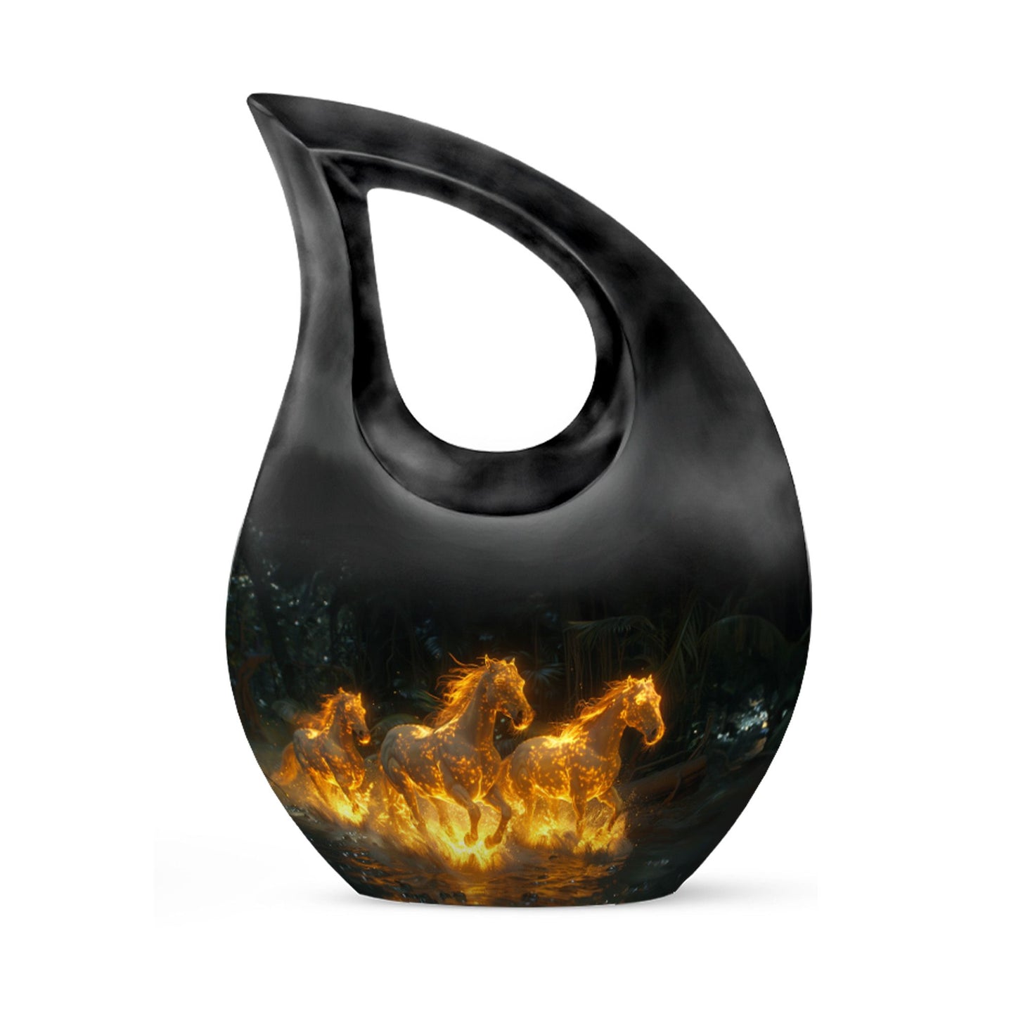 Horse Urn for Human Ashes, Glowing Fiery Horses Running Through Water, Cremation Urn
