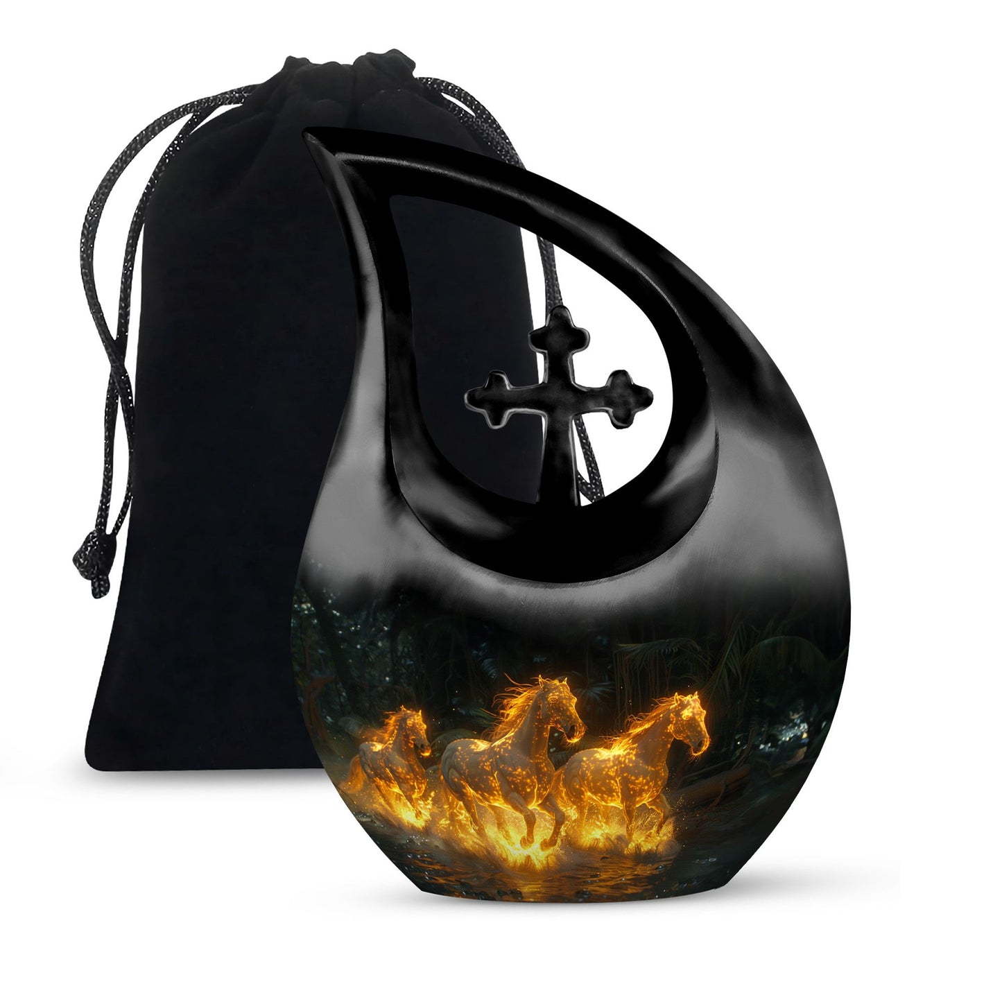 Horse Urn for Human Ashes, Glowing Fiery Horses Running Through Water, Cremation Urn