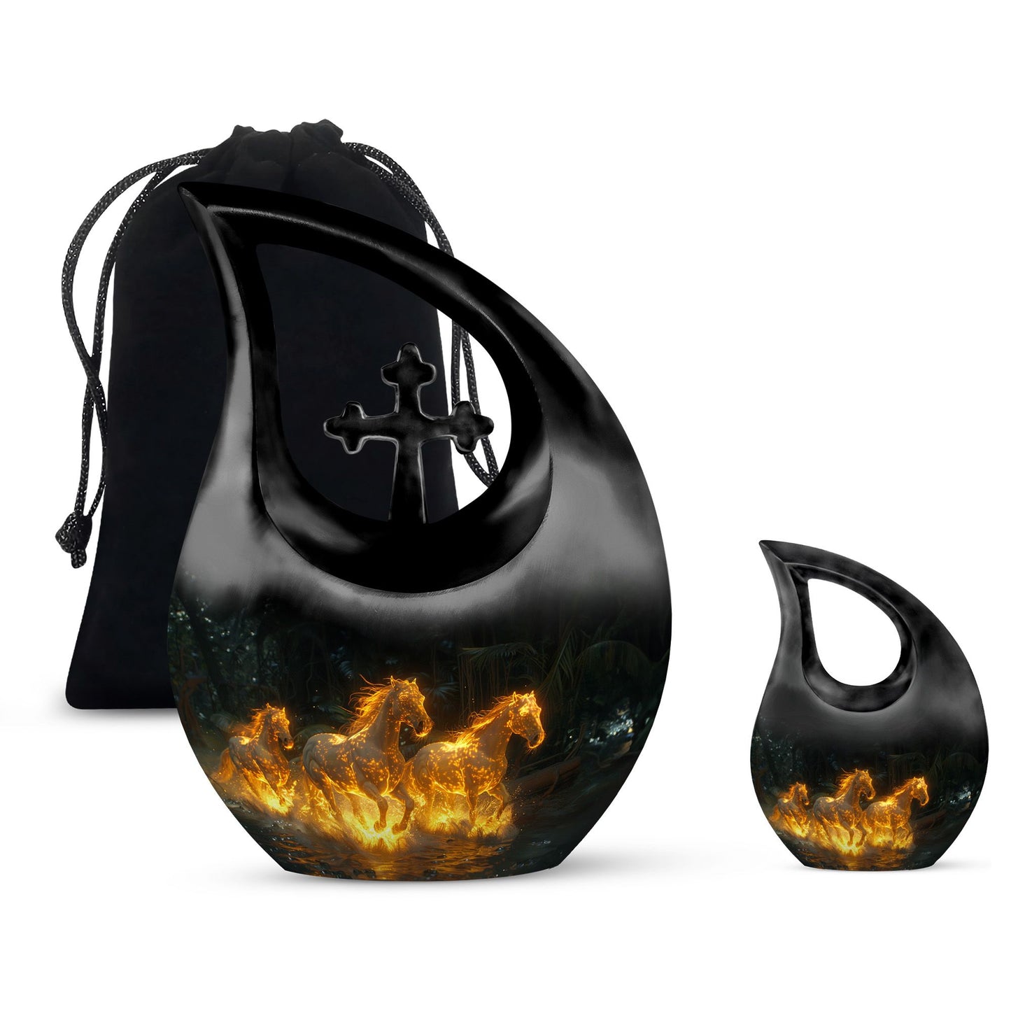 Horse Urn for Human Ashes, Glowing Fiery Horses Running Through Water, Cremation Urn