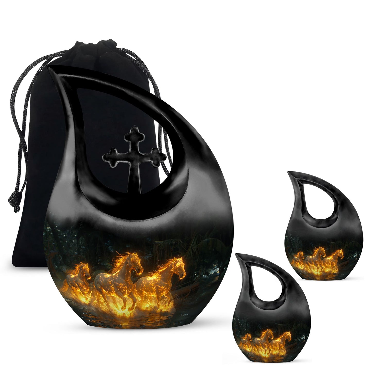 Horse Urn for Human Ashes, Glowing Fiery Horses Running Through Water, Cremation Urn