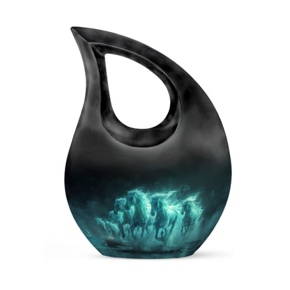 Horse Urn for Human Ashes, Herd of Teal Horses Running Through Mist, Memorial Urn