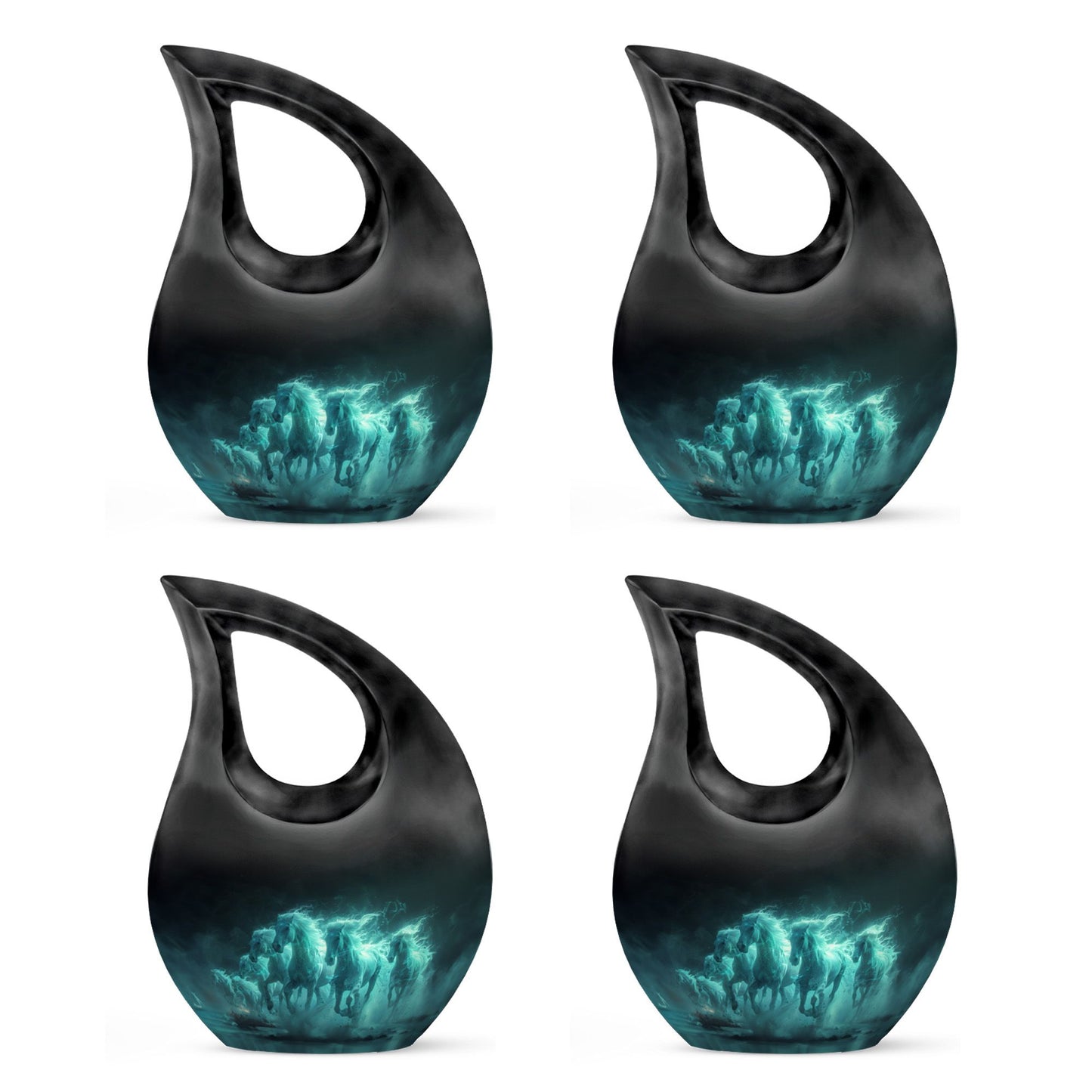 Horse Urn for Human Ashes, Herd of Teal Horses Running Through Mist, Memorial Urn