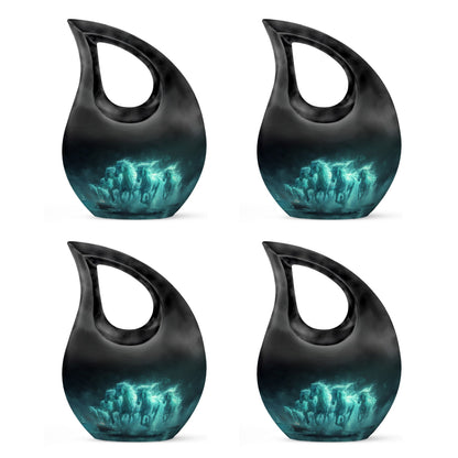 Horse Urn for Human Ashes, Herd of Teal Horses Running Through Mist, Memorial Urn