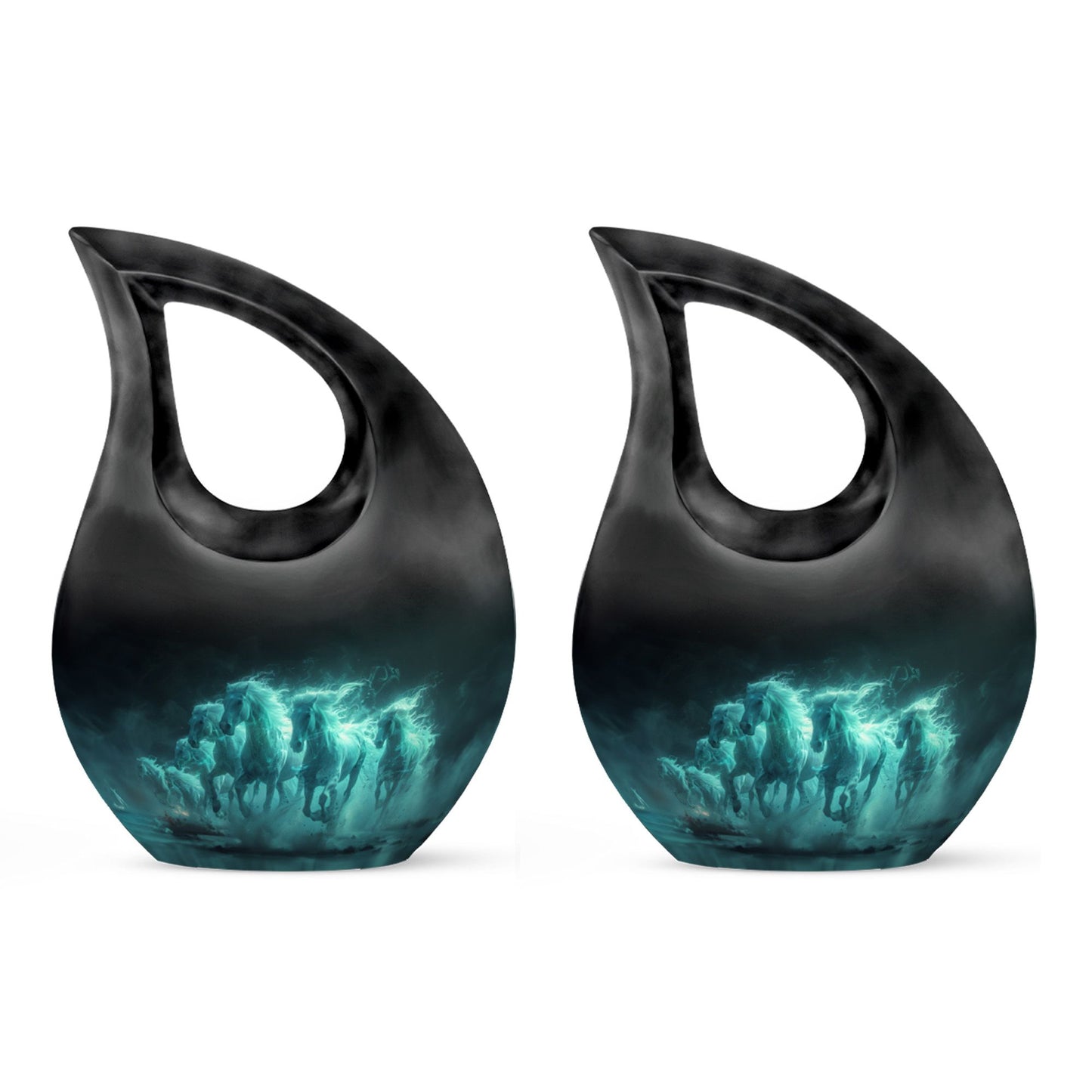 Horse Urn for Human Ashes, Herd of Teal Horses Running Through Mist, Memorial Urn