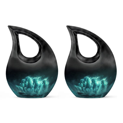 Horse Urn for Human Ashes, Herd of Teal Horses Running Through Mist, Memorial Urn