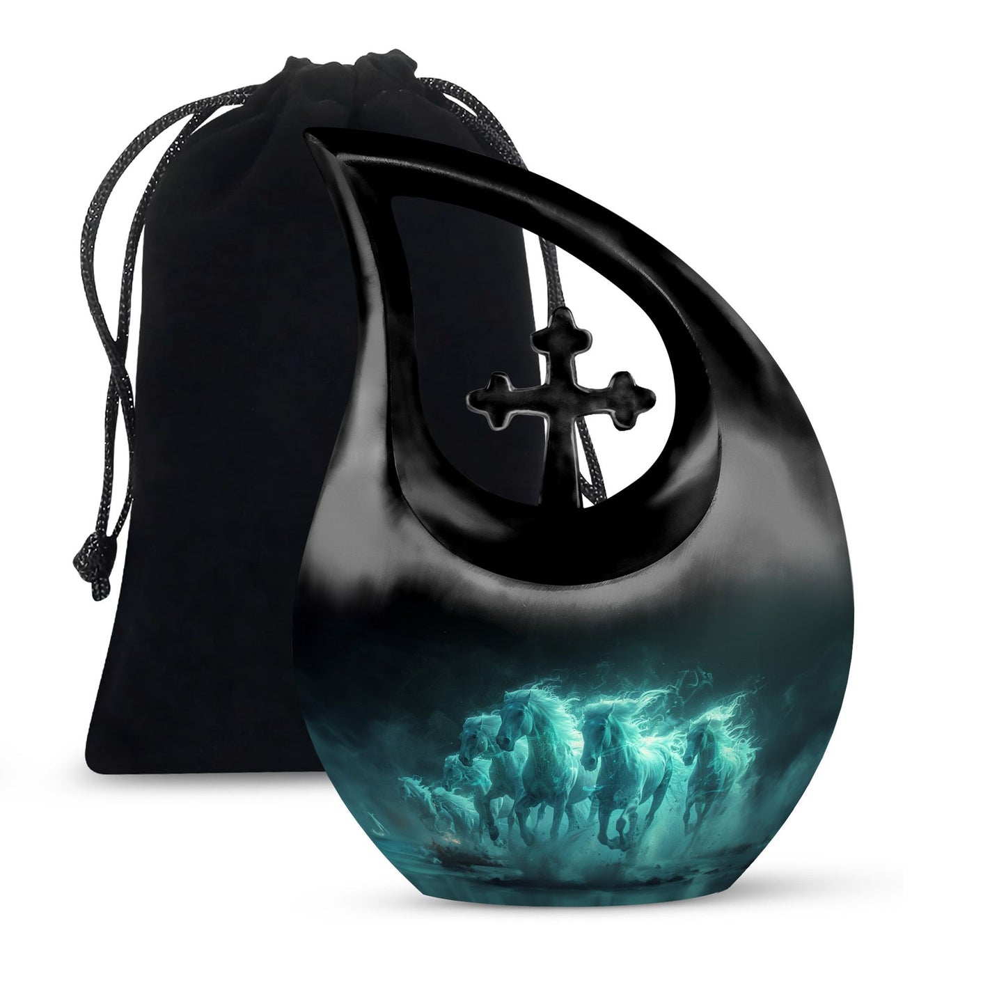 Horse Urn for Human Ashes, Herd of Teal Horses Running Through Mist, Memorial Urn