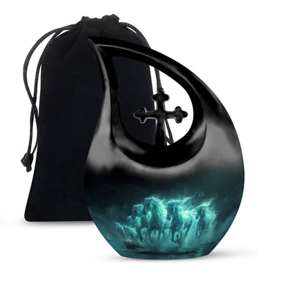 Horse Urn for Human Ashes, Herd of Teal Horses Running Through Mist, Memorial Urn