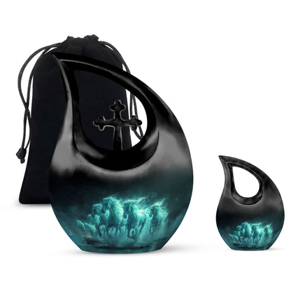 Horse Urn for Human Ashes, Herd of Teal Horses Running Through Mist, Memorial Urn