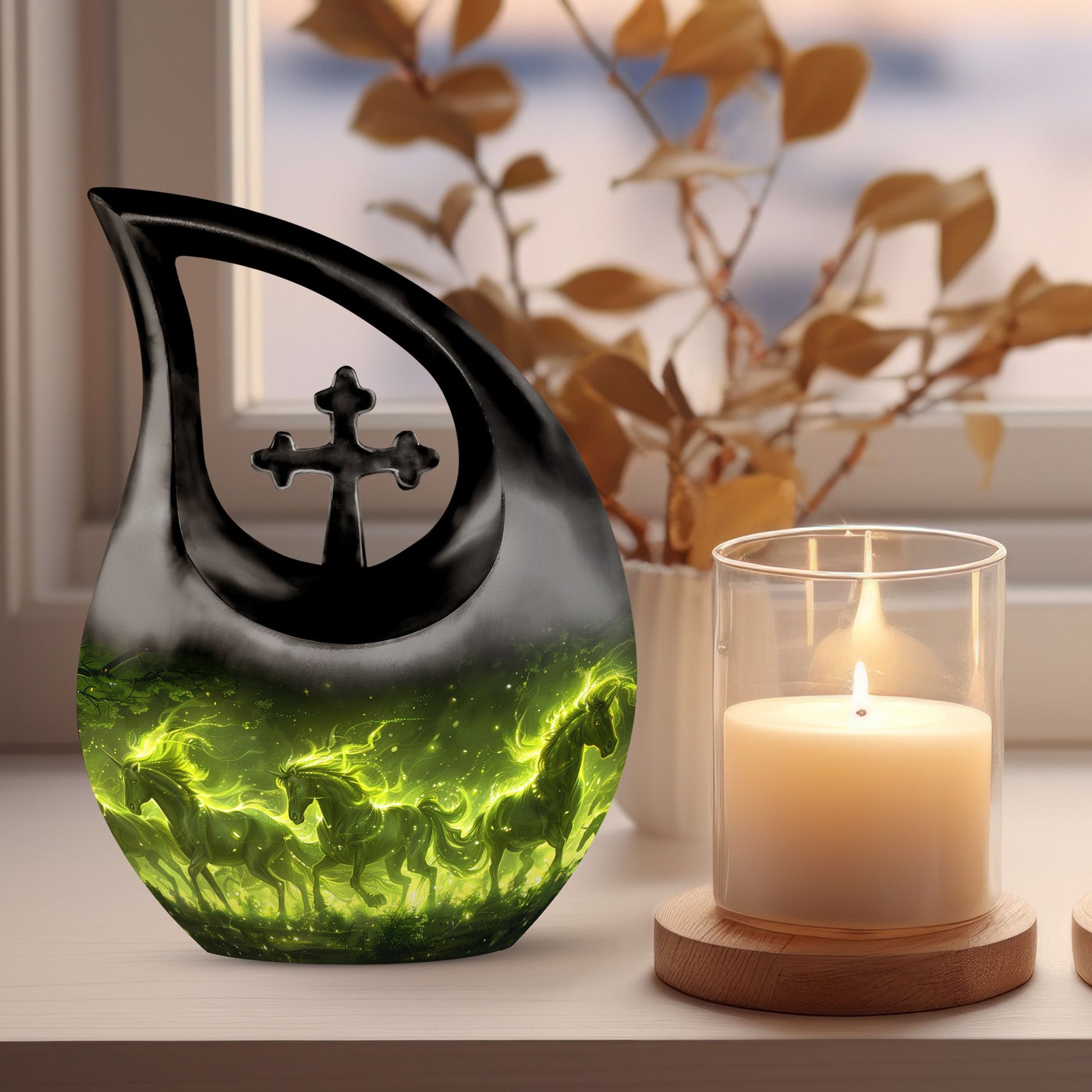 Enchanted Forest Equines Cross Drop Artistic Urn, 