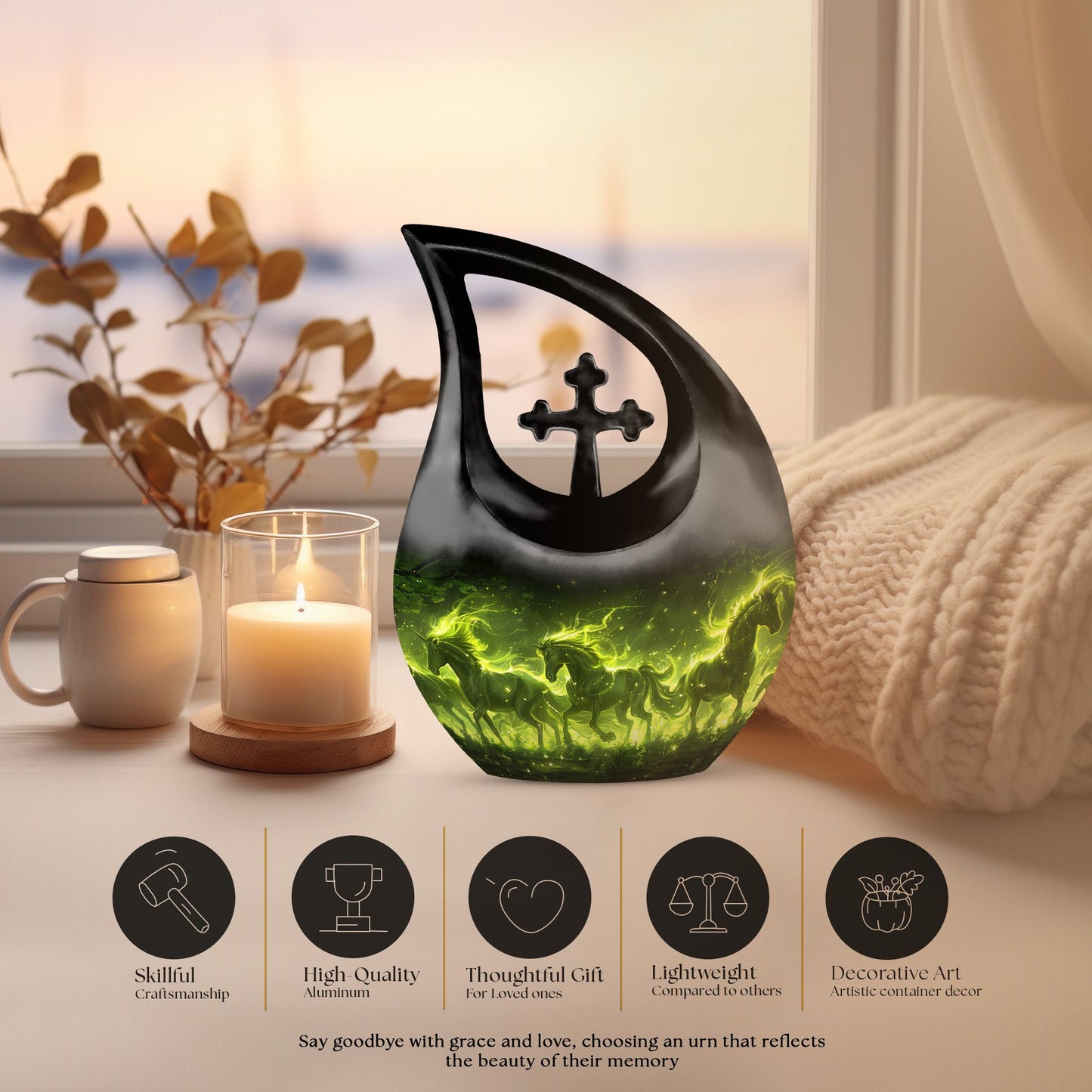 Enchanted Forest Equines Cross Drop Artistic Urn, 