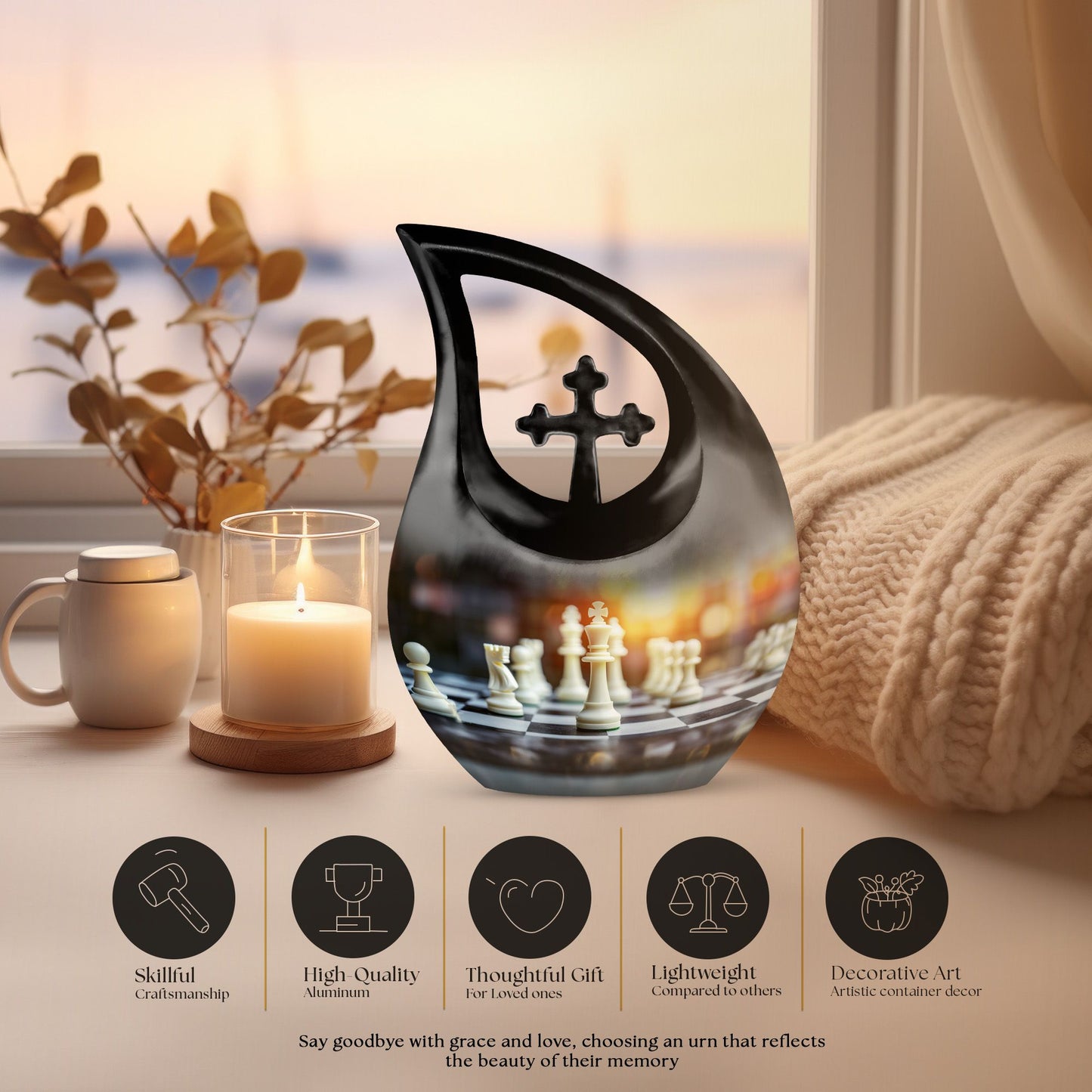 Chess themed Cross Drop Funeral Urn