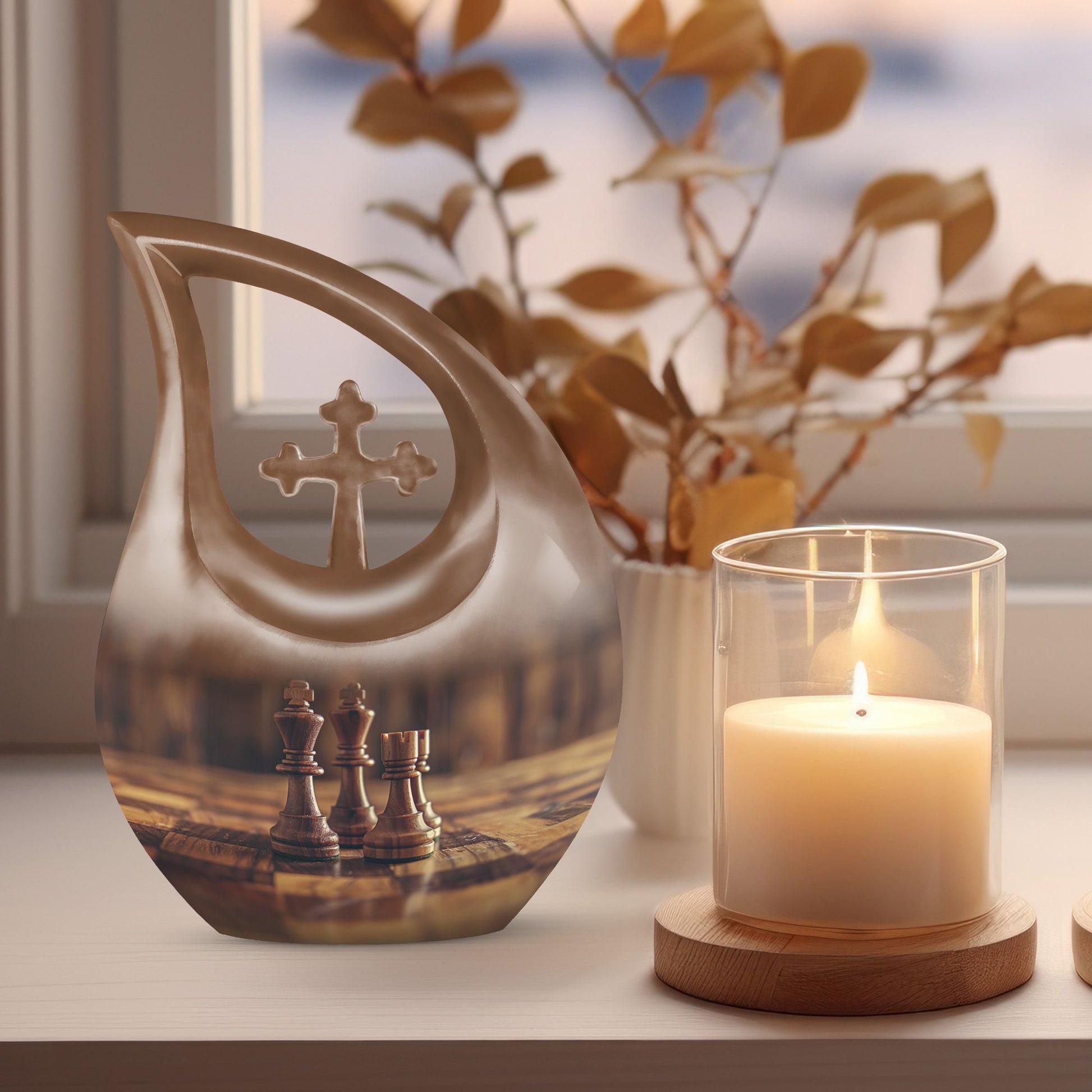 Chess themed Cross Drop design Urn