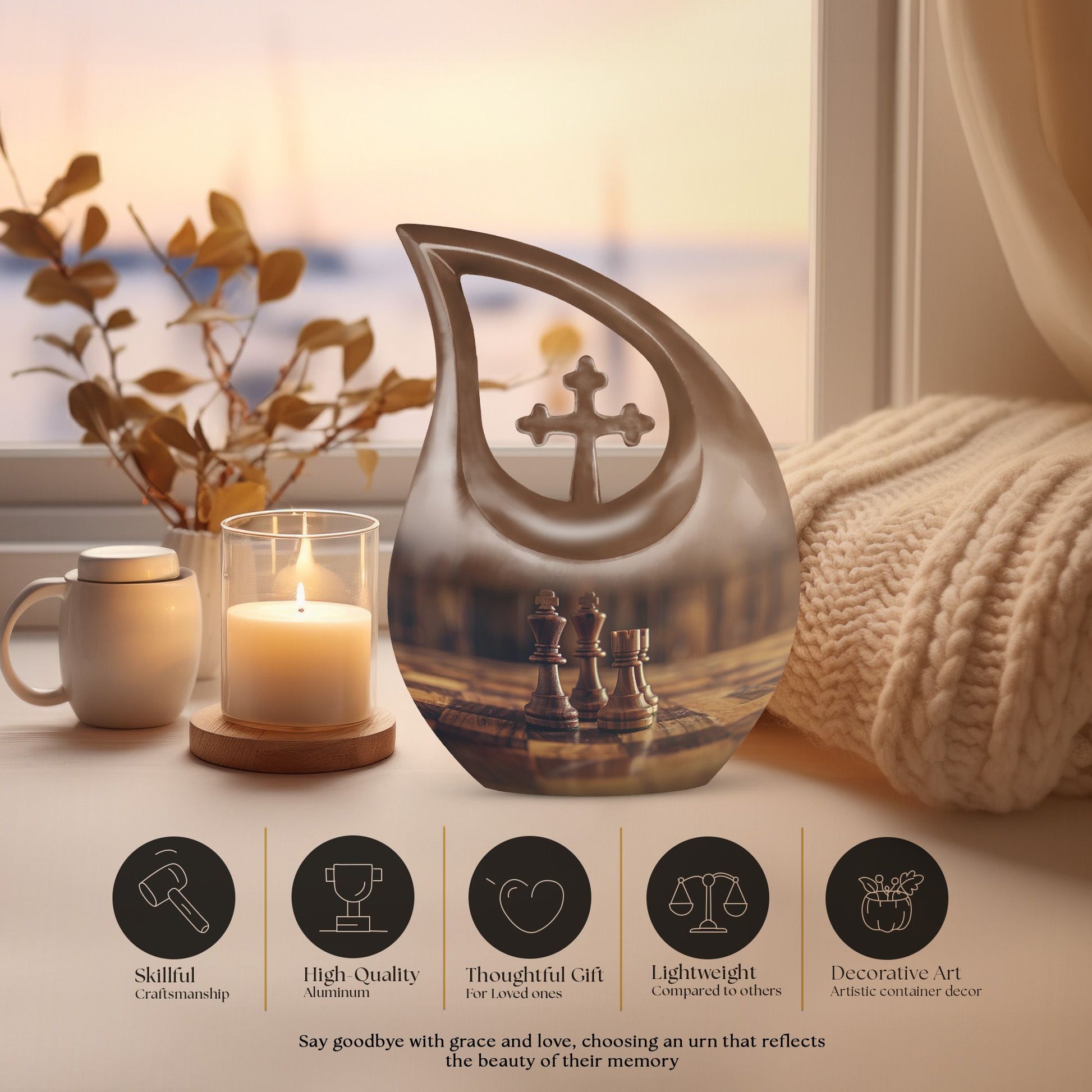 Chess themed Cross Drop design Urn