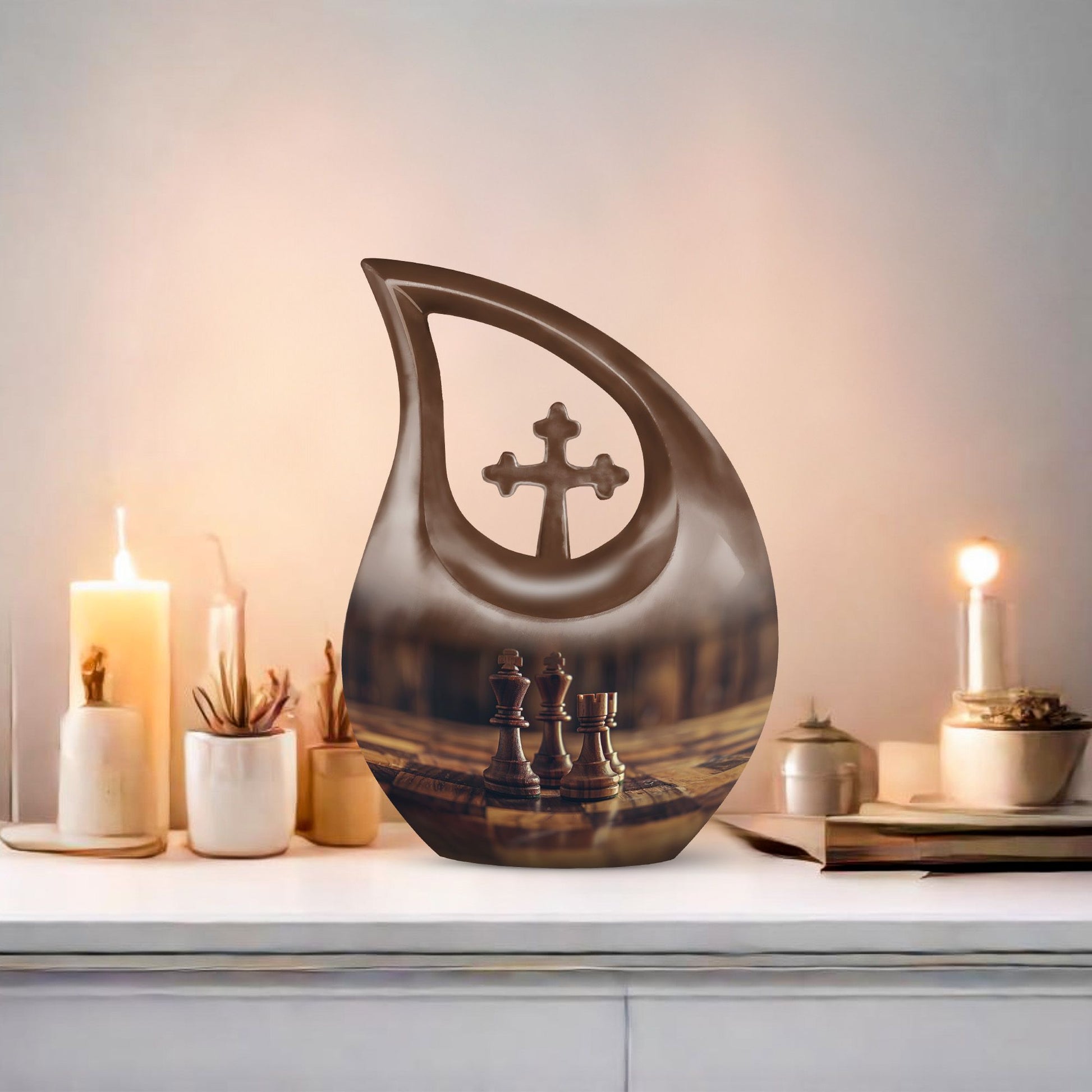 Chess themed Cross Drop design Urn