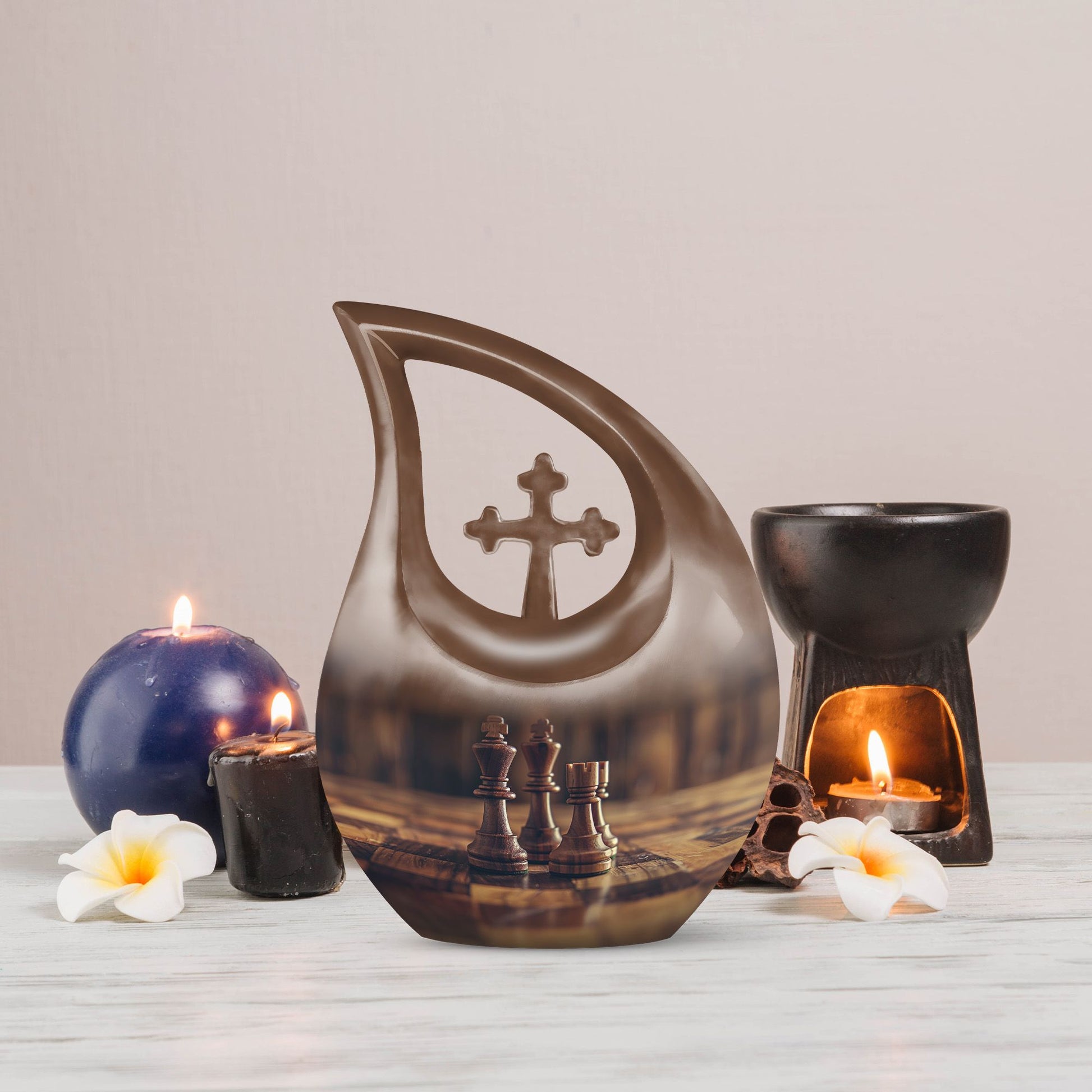Chess themed Cross Drop design Urn