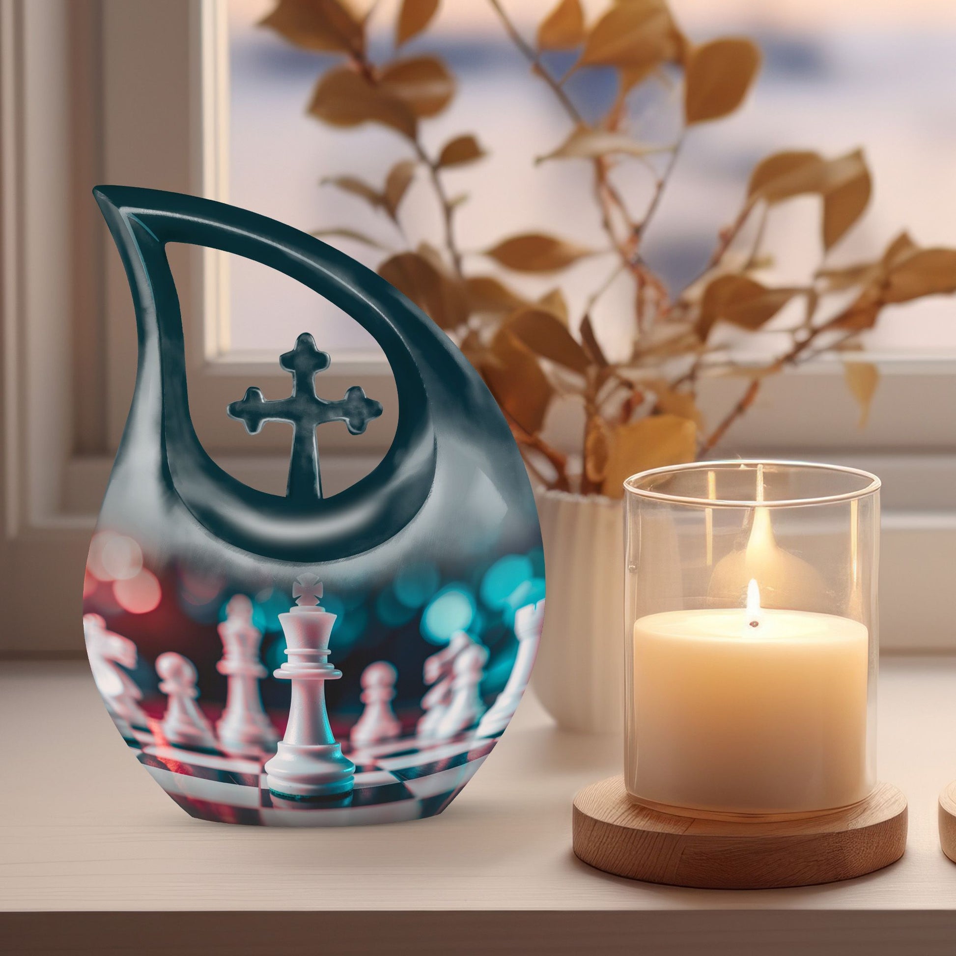 Chess-themed Cross Drop Memorial Urn
