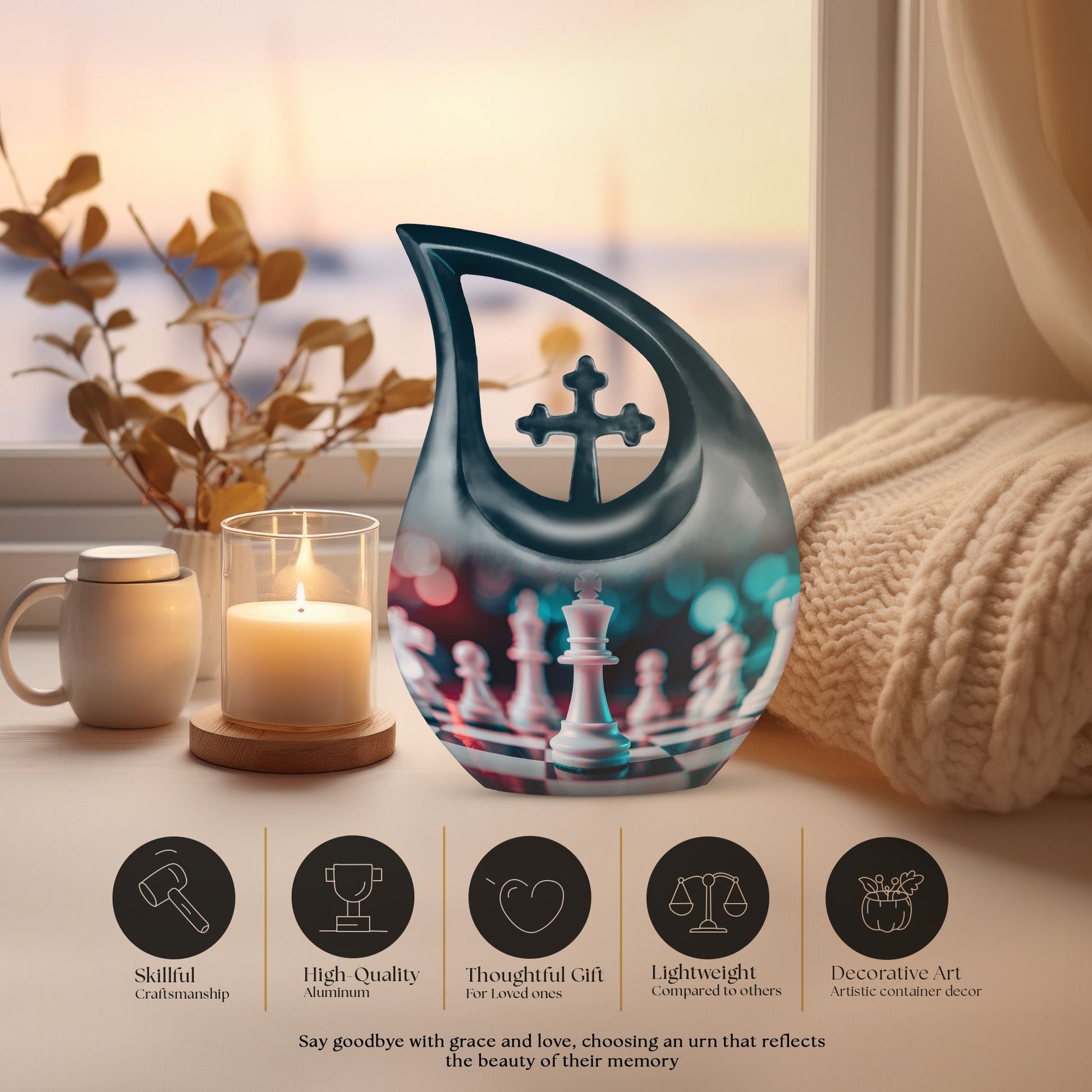 Chess-themed Cross Drop Memorial Urn