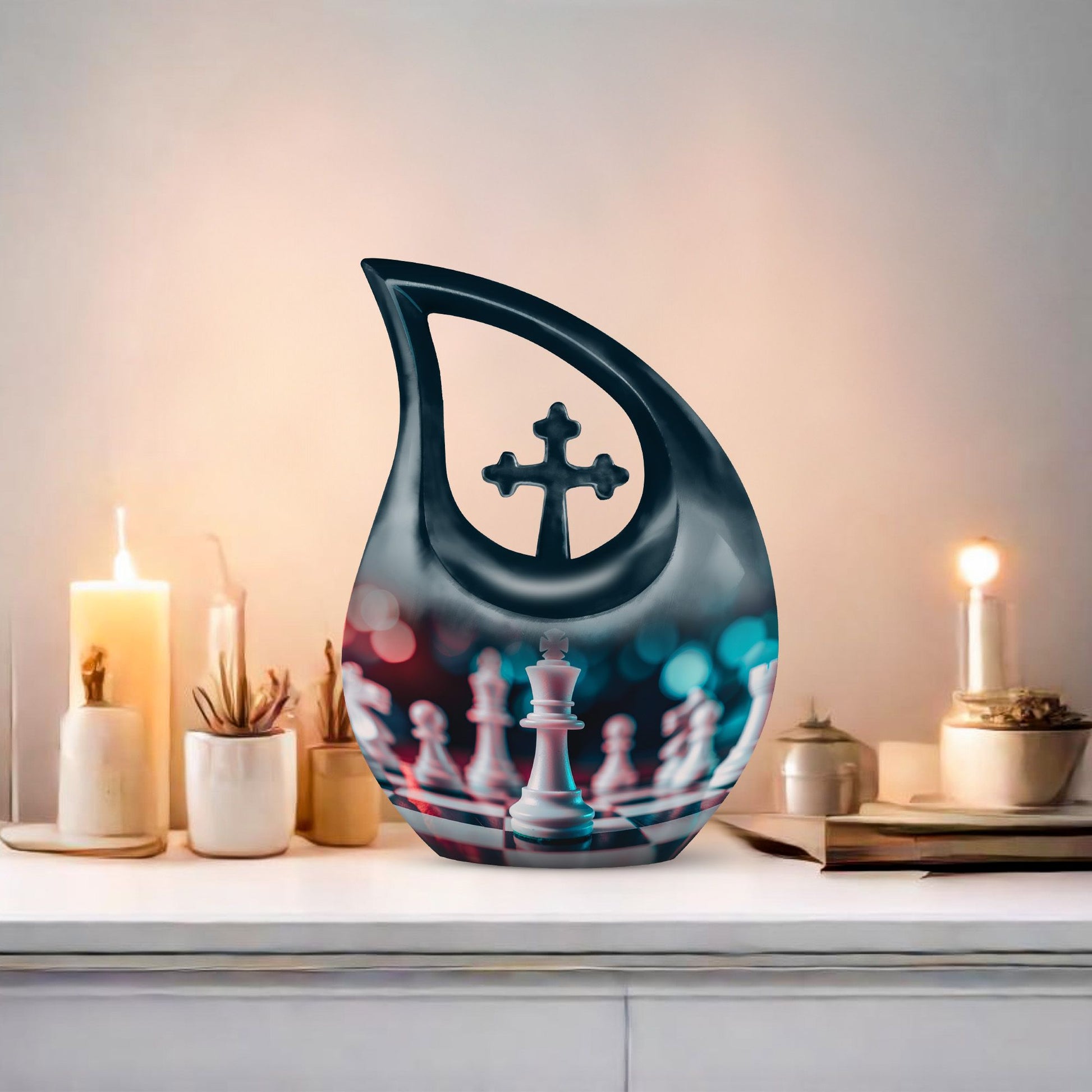 Chess-themed Cross Drop Memorial Urn