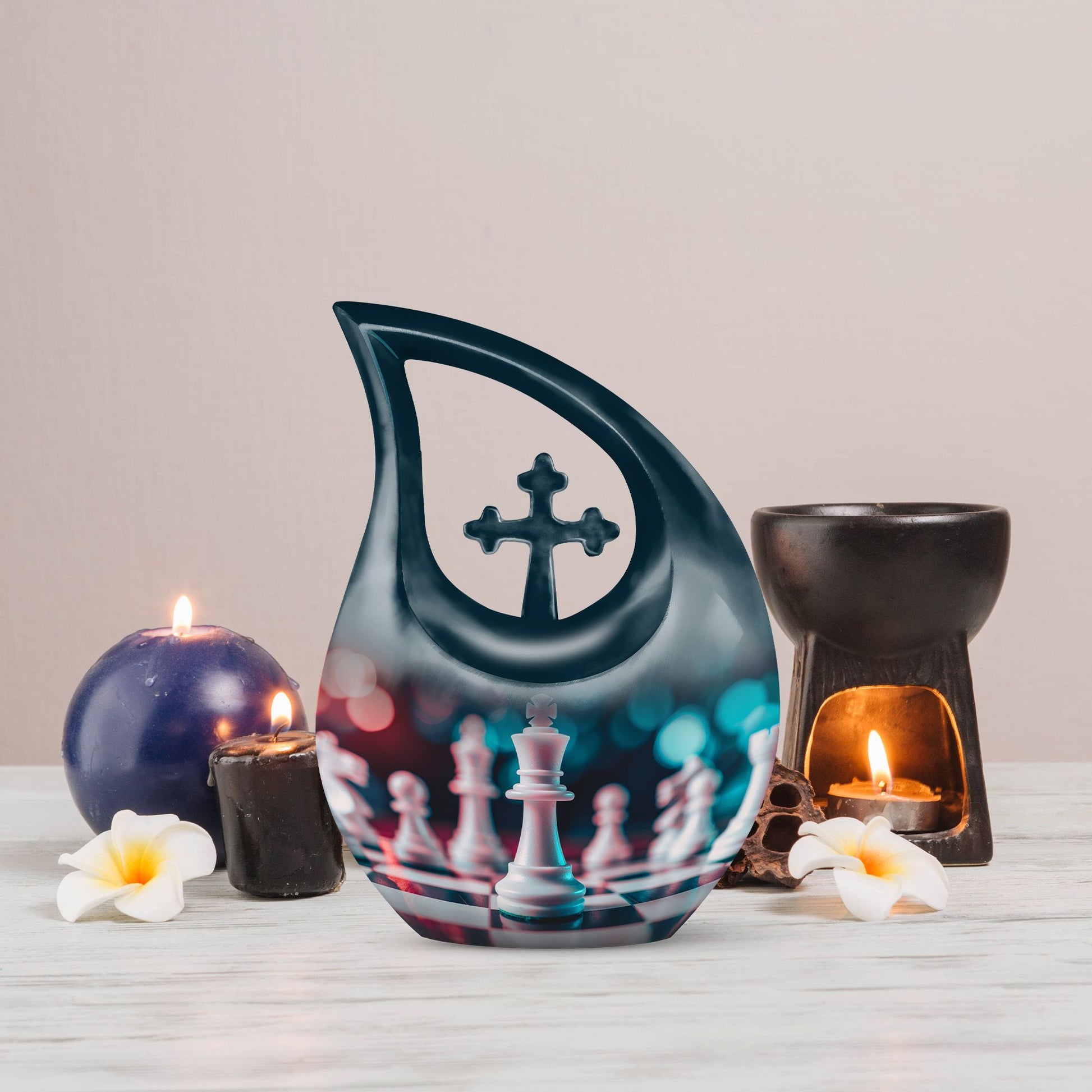 Chess-themed Cross Drop Memorial Urn