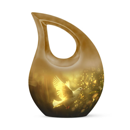Bird Urn for Human Ashes, White Dove Through Golden Sparkling Light, Memorial Urn